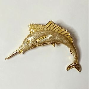 Enamel Swordfish Brooch lapel pin Tan and Goldtone 2 1/4" Good Shape